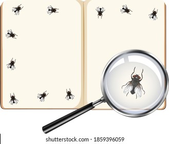 Fly insects on blank book pages with magnifying glass isolated on white background illustration