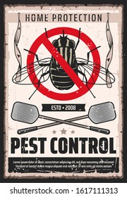 Fly insects pest control service, domestic bugs and moths extermination and home disinsection vintage retro poster. Vector flies fumigation, flypaper and swatter pest control and disinsection