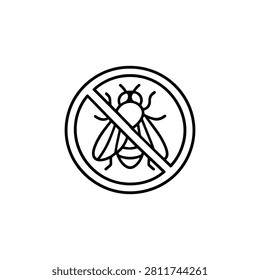 Fly inside a circular prohibition sign with diagonal slash representing fly control, sanitation, insect exclusion and pest removal