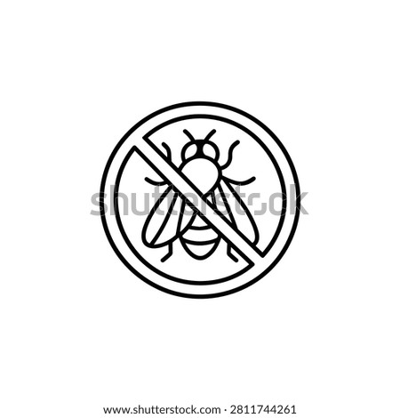 Fly inside a circular prohibition sign with diagonal slash representing fly control, sanitation, insect exclusion and pest removal