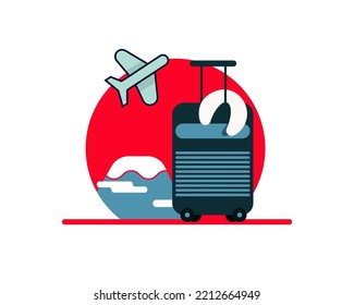 Fly to Japan concept. There is luggage with Japan flag for background. 