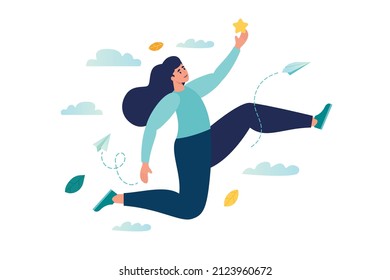 fly jump in career success. flight in skies of happy person. on the seventh heaven. the girl jumped into the sky for a star. way to success. vector illustration 