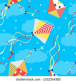 Fly Kite and Clouds on a Blue Sky. Summer Background. Vector illustration 