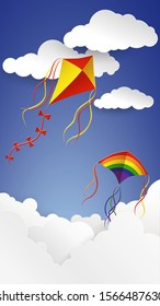  Fly Kite and Clouds on a Blue Sky. Summer Background. Picture for lettering, postcards, invitations, festive design. Vector illustration in paper cut style.