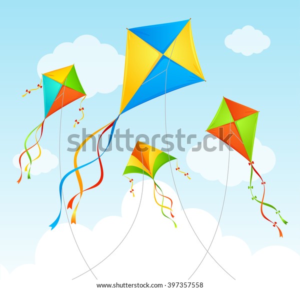 Fly Kite and Clouds on a Blue Sky. Summer\
Background. Vector\
illustration