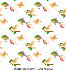 Fly Kite seamless pattern summer game background vector illustration fun leisure activity in sky with wind. Air joy colorful play child paper toy. Cute birds on tree branch.