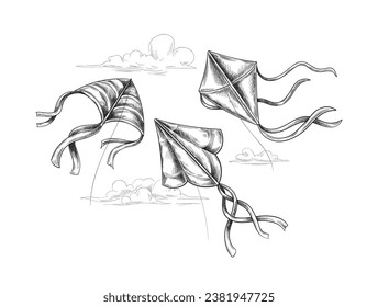 Fly kite in sky concept. Colorful toys at strings. Minimalistic creativity and art. Hand drawn sketch. Poster or banner for website. Linear flat vector illustration isolated on white background svg