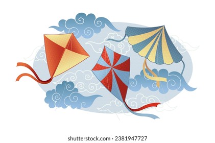 Fly kite in sky concept. Colorful toys at strings in wet weather. Rain and strm. Autumn and fall season scene. Template and layout. Cartoon flat vector illustration isolated on white background