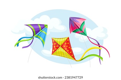 Cometa de vuelo en el concepto del cielo. Juguetes coloridos en las cuerdas. Estilo de vida activo y ocio al aire libre. Elemento gráfico para el sitio web. Dibujo vectorial plano de dibujos animados aislado en fondo blanco
