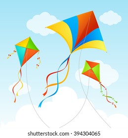 Fly Kite in Sky. Summer Background. Vector illustration