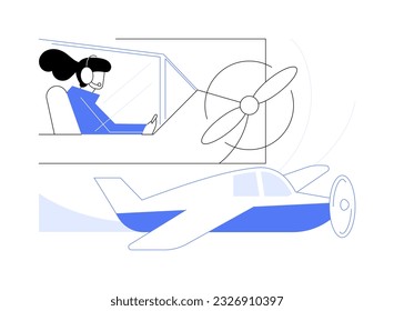 Fly the light aircraft abstract concept vector illustration. Smiling woman controls a rental private jet, personal air transport, pilot of a plane, aviation industry abstract metaphor.