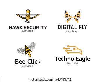 Fly Logo Design Template Set. Vector logotype collection of hawk security, techno eagle, butterfly and honey bee click signs. Graphic bird symbols isolated on white background. Flat wings badge label