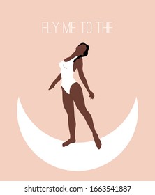 Fly me to the moon. Vector  hand drawn illustration ofwoman in swimsuit isolated.  Template for card, poster, banner, print for t-shirt, pin, badge, patch.