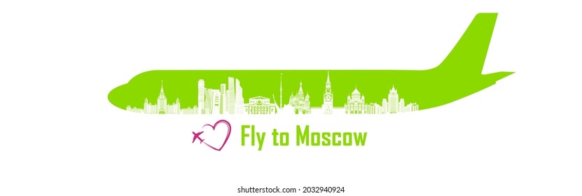 Fly to Moscow Silhouette of green airplane and architectural buildings of Moscow city vector illustration