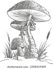 Fly moss composition in reeds, drawing in vector. Mushrooms.