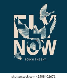 slogan da fly now com pombos brancos voando ilustração vetorial 