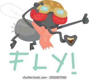 A Fly With Old Pilot Helmet And Shawl Neck Illsutrations For Mascot, Character, Sticker, Insect, Books, Funny, Cartoon, And Many More