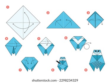 Fly origami scheme tutorial moving model. Origami for kids. Step by step how to make a cute origami insect. Vector illustration.