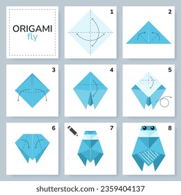 Fly origami scheme tutorial moving model. Origami for kids. Step by step how to make a cute origami insect. Vector illustration.