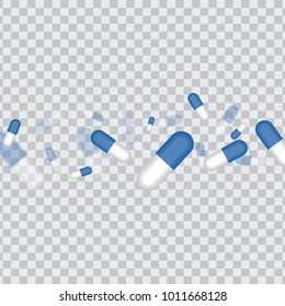 Fly out blue pills medication concept isolated in transparent background. Vector EPS 10.