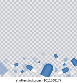 Fly out blue pills medication concept isolated in transparent background. Vector EPS 10.