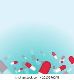 Fly out blurred blue pills medication concept isolated in soft blue background. Vector EPS 10.
