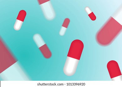 Fly out blurred blue pills medication concept isolated in soft blue background. Vector EPS 10.