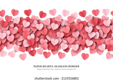 Fly Paper Cut Hearts Confetti Vector Valentine's Day Seamless Border. Scattered Papercut Heart Shapes Isolated On White Background Romantic Love Wallpaper. Saint Valentines Day Hearts Art Illustration