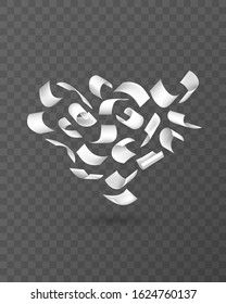 Fly papers in heart shape. Chaotic falling and flying empty white sheets group, scattered notes with curved pages corners, Realistic 3d vector document mockup isolated on transparent background