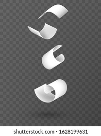 Fly papers set. Chaotic falling and flying empty white sheets group, scattered notes with curved pages corners, document mockup isolated on transparent background Realistic 3d vector Illustration