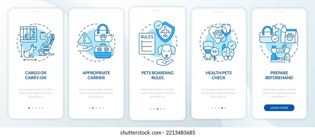 Volar con una pantalla de aplicación móvil para mascotas azul a bordo. Recorrido de requisitos de aerolíneas de 5 pasos instrucciones gráficas editables con conceptos lineales. UI, UX, plantilla GUI. Multitud de tipos de letra Pro-Bold, con uso regular