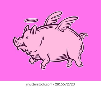 Fly piggly, pig, piglet with wings, drawing, Silhouette angel pig. Illustration