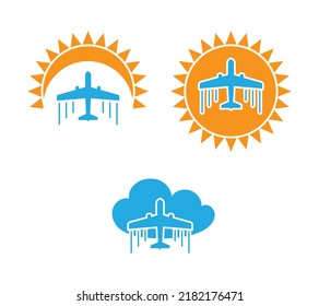 Fly plane in sun and cloud concept emblem icon set isolated on white background