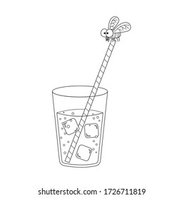 The fly and plastic straw vector cartoon colorless for coloring page. Funny fly insect vector cartoon. The fly and glass of drink. 