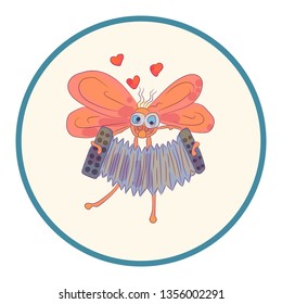 The fly plays the harmonica. Insect musician. Symbol. Emblem. Logo. Vector image.For kids