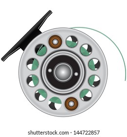 Fly reel with fishing line. Vector illustration.