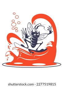 A fly rides on a board on the waves, Vector illustration.