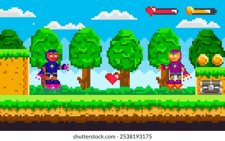 Robô voador. Dois personagens coloridos em um ambiente pixelado com árvores, corações e moedas. Ideal para jogos retrô, fantasia, aventura, pixel art e temas nostálgicos. Vibrante, divertido, envolvente