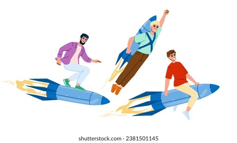 fly rocket man vector. entrepreneur career, startup promotion, head start fly rocket man character. people flat cartoon illustration