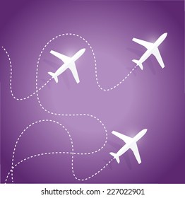 fly routes and airplanes. illustration design over a purple background