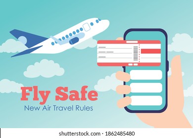 fly safe campaign lettering poster with ticket flight in smartphone and airplane flying vector illustration design