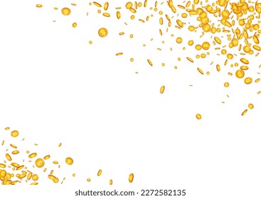 Fly Shiny Coin Vector White Background. Metal Jackpot Falling Cover. Golden Money Banner. Cartoon Finance Flyer.