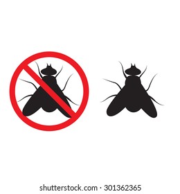 fly silhouette illustration on a white background. insect prohibition sign, fly prohibition sign