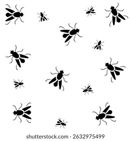Fly silhouette pattern. Multiple insect shapes. Black vector icons. White background scene.