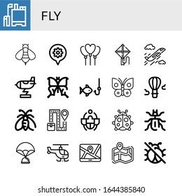 fly simple icons set. Contains such icons as Pesticide, Bee, Map, Balloon, Kite, Plane, Rocket, Butterfly, Fishing, Hot air balloon, Moth, can be used for web, mobile and logo