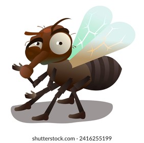 la mosca se sienta en la superficie. Un insecto sucio. parásito animal. Objeto aislado en fondo blanco. Estilo de diversión de caricatura Vector de ilustración