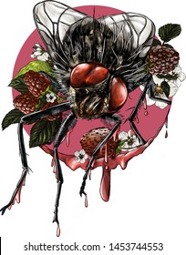 the fly sits surrounded by raspberry bushes and flowers and around a lot of ripe berries, all covered with jam and jam that flows down from her paws and spreads around, sketch vector graphics 