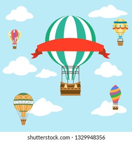 Fly sky clouds aerostat air balloon with red ribbon advertising flat design icon vector illustration