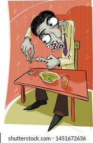 Fly in soup. A man is sitting at the table with bowl of soup on it. He is holding wet fly between two fingers and pointing on it with index finger of other hand. He is confused.