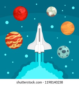 Fly space ship concept background. Flat illustration of fly space ship vector concept background for web design